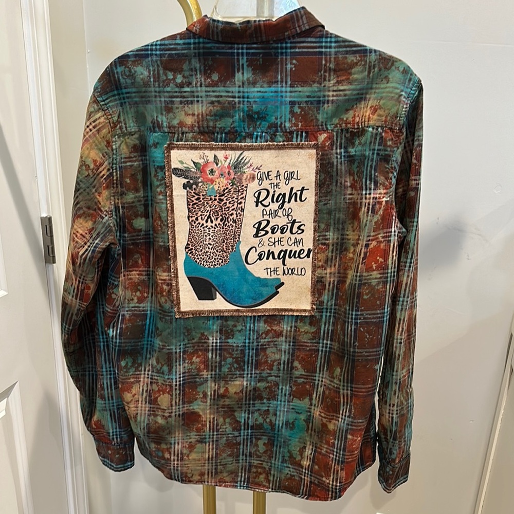 Rustic Plaid Casual Shirt with Western Boot Patch